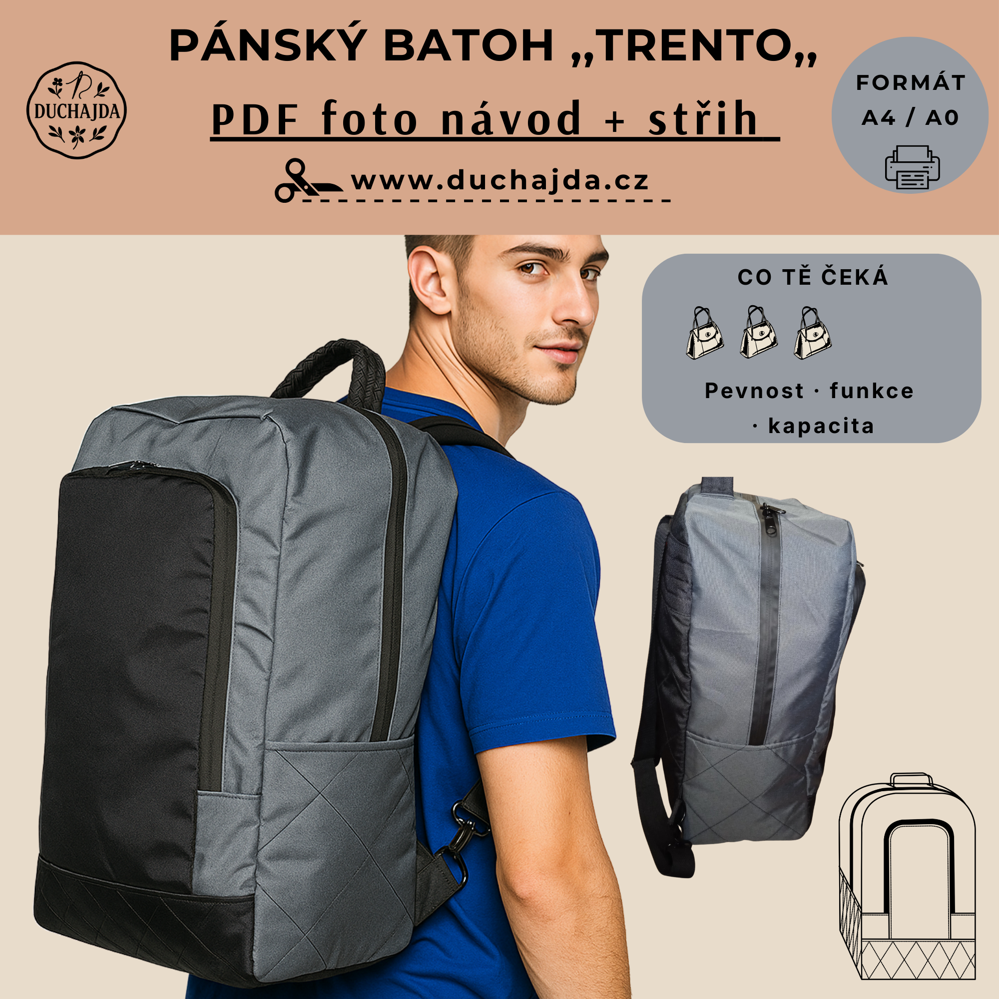 Pánský batoh ,,TRENTO,, PDF střih a fotonávod