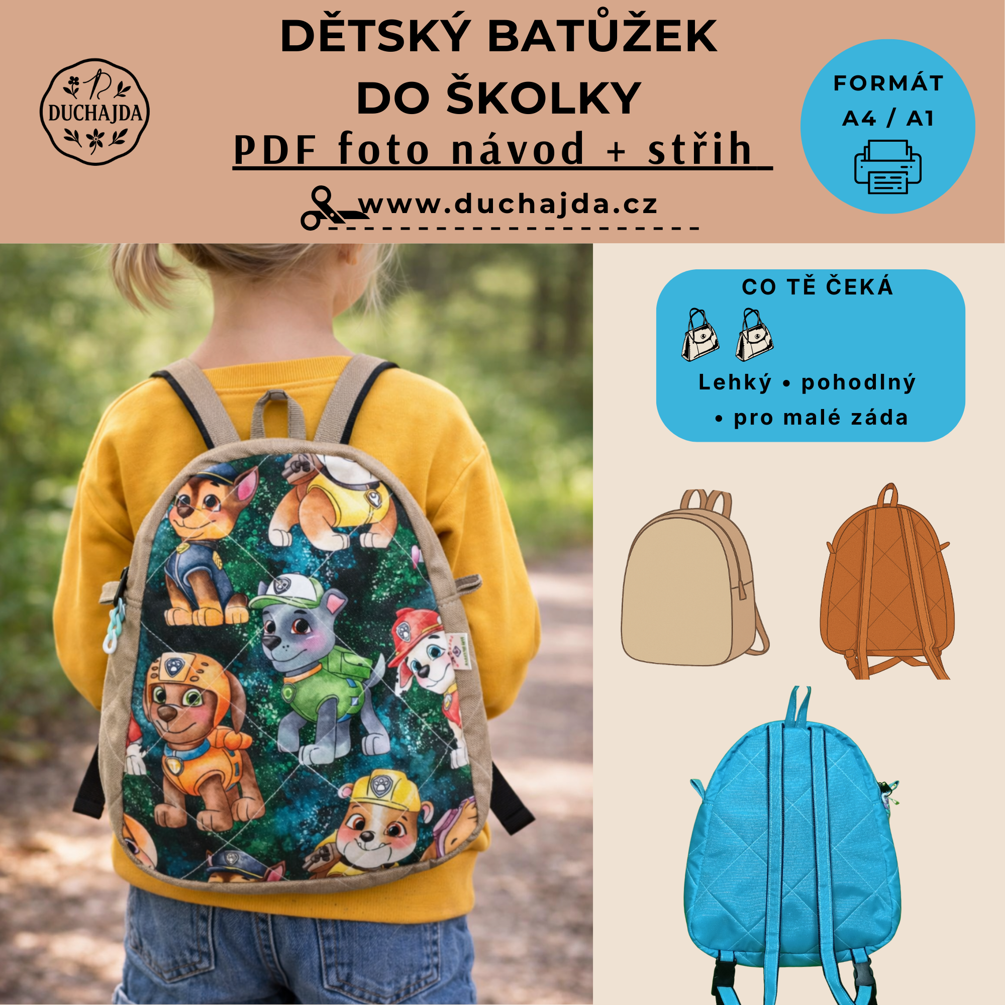 Dětský batoh na hračku / PDF střih a fotonávod