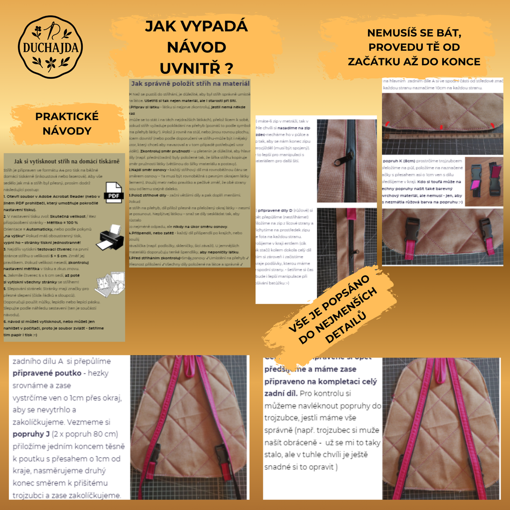 návod krok za krokem se střihem na Dětský batoh na hračku 